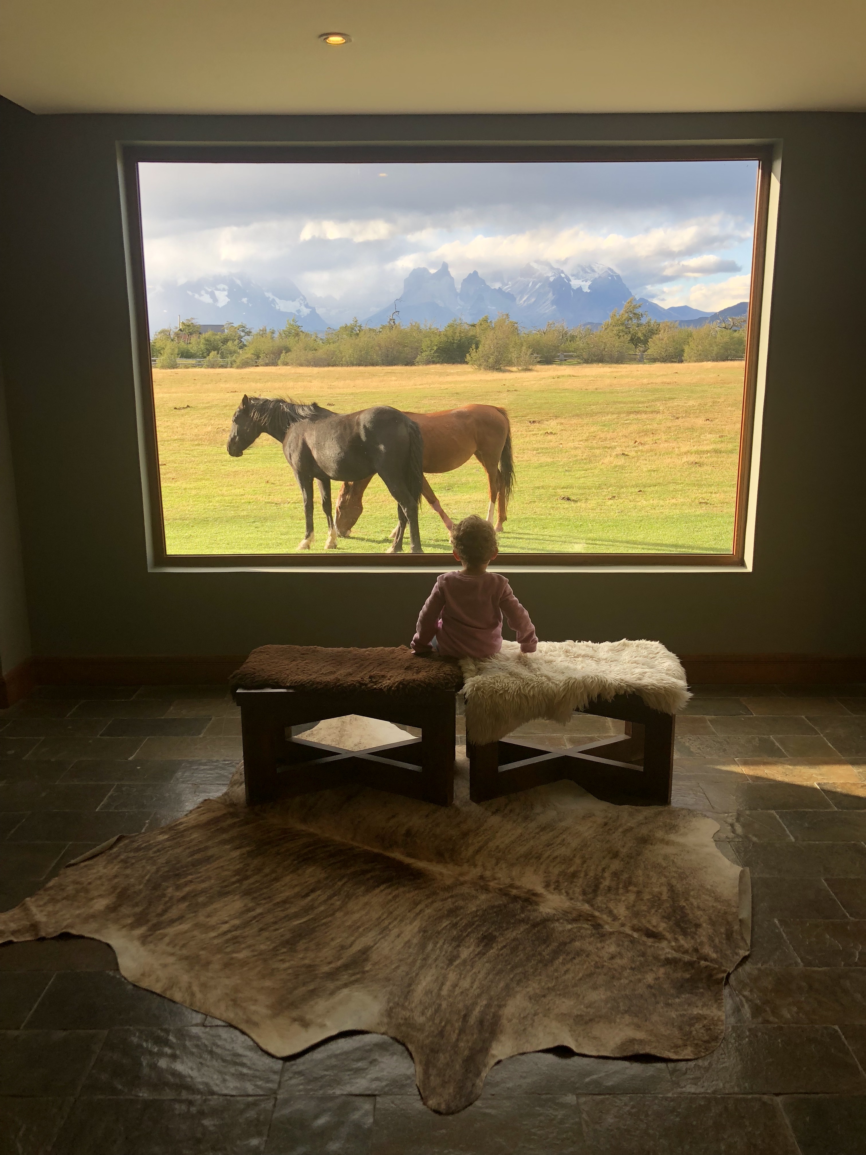 Lobby with view of the mountains and horses at Rio Serrano Hotel and Spa